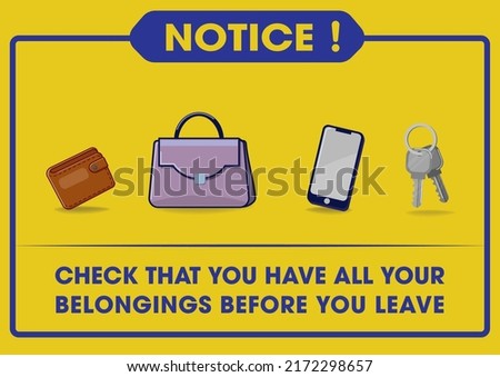 Please check your belongings icon, logo, symbol, sign. Check That You Have All Your Belongings Before Sign. Vector