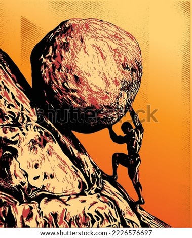 Sisyphus greek myth rolling a rock in a mountain. Guy worker strong figure climb carry goal