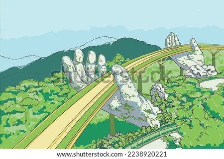 the Golden Bridge at Ba Na Hills. Golden Hand Bridge Danang Vietnam illustration vector hand drawn