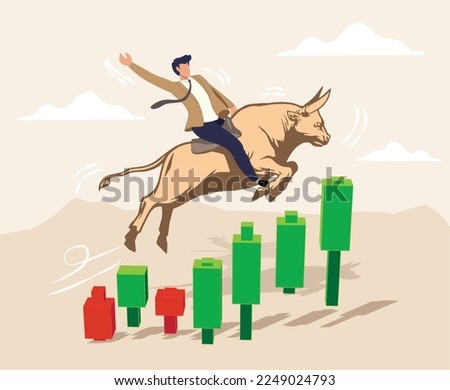 Bull market or Bull Run. Businessman investor riding bull running on rising up upward green graph or Businessman getting on a large bull market running up. Price rising up. 