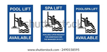 Pool handicap lift sign or Pool and spa lift for disabled sign. Disability people information flat icons.