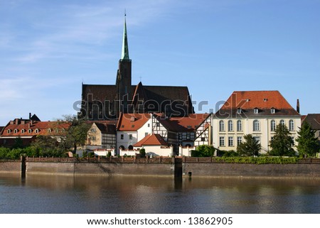 Old european houses with a broach on the river Odra, Wroclaw, Poland