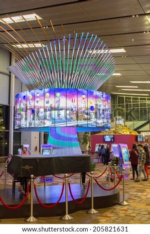 SINGAPORE - JUNE 20: The big display for show photo of passengers in Changi Airport, Singapore on June 20, 2014. Singapore airport is the main aviation hub in South East Asia.