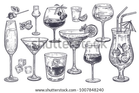 Alcoholic drinks set. Glass of champagne, margarita, brandy, whiskey with ice, cocktail, wine, vodka, tequila and cognac. Isolated black and white vintage engraving. Hand drawing. Vector illustration 