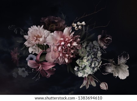 Photo of Vintage flowers. Peonies, tulips, lily, hydrangea on black. Floral background. Baroque style floristic illustration.