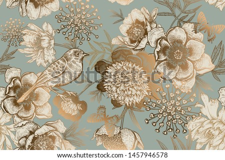 Luxury ornate pattern for creating textiles, wallpaper, paper. Print gold foil on a blue background. Seamless background with garden flowers peonies, bird and butterflies. Vintage. Vector Illustration