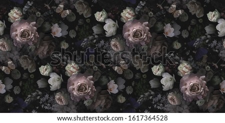 Floral vintage seamless pattern. Beautiful blooming roses, garden flowers, decorative herbs on black background. Template for decoration packaging, interior design, fabric, textile, paper, wallpaper.