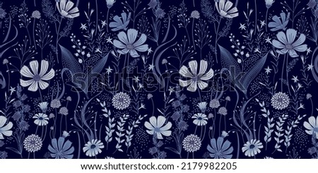 Navy blue vintage background. Cute wild flowers and herbs seamless pattern. Template for creating textiles, fabrics, paper, wallpapers. Dark background. Vector illustration.