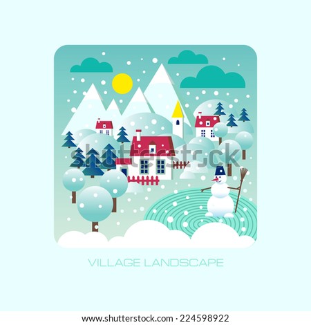 Village landscape. Ecology. Vector flat illustrations. Seasons. Winter.