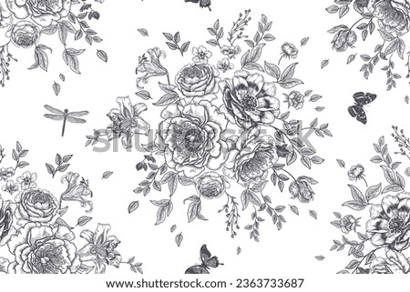 Seamless floral background. Bouquets of Luxurious garden flowers, butterflies and dragonflies. Black and white pattern. Vector illustration. Vintage. Template for paper, wallpaper, textile.