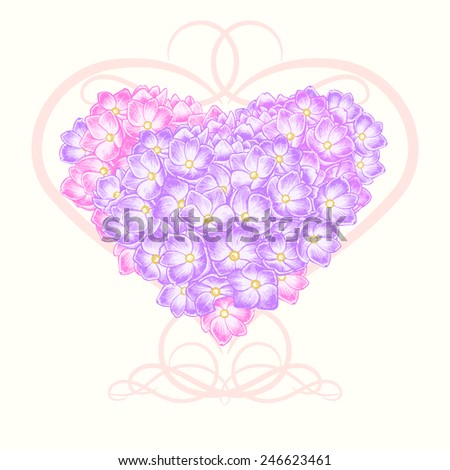 Floral card. Illustration of heart made of flowers hydrangeas. Vector. Victorian style. Congratulations to the St. Valentine\'s Day or wedding invitation.