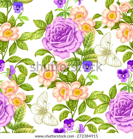 Floral seamless pattern. Flowers roses, peonies, pansies, butterflies. Design paper, wallpaper, cards, invitations, packaging, textile, interior decoration, upholstery fabrics. Vector. Victorian.