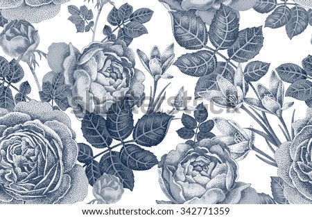 Vintage Vector Seamless Pattern Black And White Illustration With Roses Spring Flowers Floral