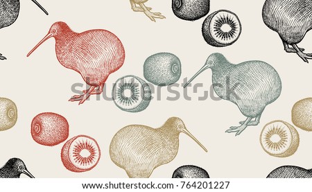 Kiwi birds and fruits. Seamless pattern with animals and food. Hand drawing of wildlife. Vector illustration art. Color picture. Old engraving. Vintage. Design for fabrics, paper, textiles, fashion.