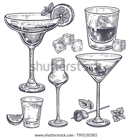 Alcoholic drinks set. Margarita, whiskey, tequila, vodka and vermouth in glasses, ice, olives, mint, lemon. Isolated on white background. Black and white. Vintage. Hand drawing. Vector illustration.