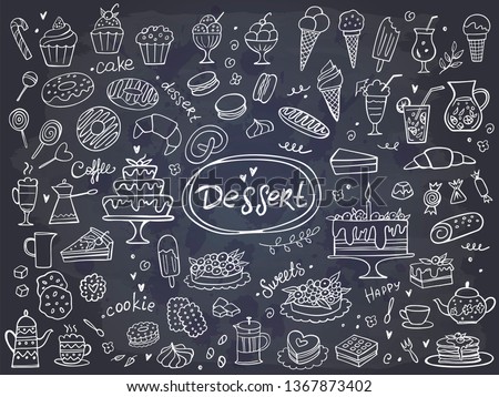 Set of hand drawn delicious sweets on chalkboard. Vector illustration. Cakes, biscuits, baking, cookie, pastries, donut, ice cream, macaroons. Perfect for dessert menu or food package design.