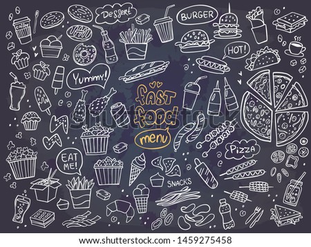 Set of fast food doodles on chalkboard. Vector illustration. Perfect for menu or food package design.