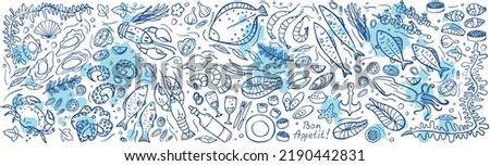 Long banner of set doodle seafood on white blue background. Vector illustration. Perfect for dessert menu or food package design.
