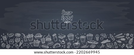 Banner of Set fast food doodles on chalkboard. Vector illustration. Perfect for menu or food package design.