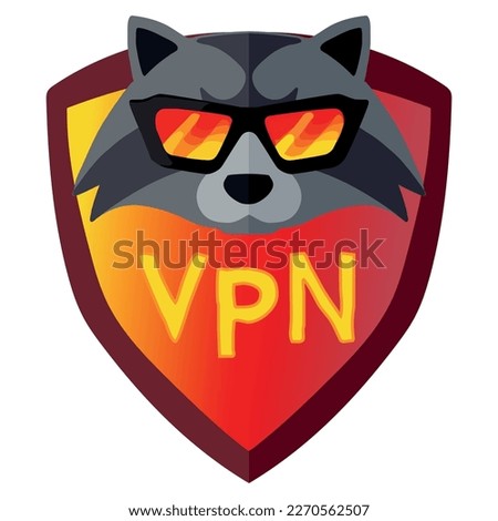 Yellow-red flat VPN icon with a raccoon head in sunglasses on a shield on white bakground. Proxy server. Vector illustration. Virtual Private Network icon. Internet Security VPN Concept Icon