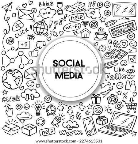 Banner of social media doodle on white background. Internet doodles. Vector illustration.