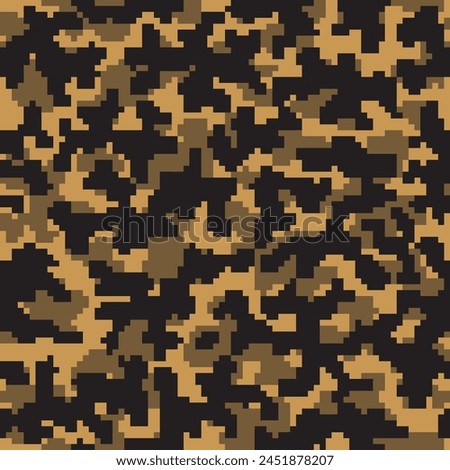 Seamless Khaki Graphic Vector Military Fabric.  Dark Repeated Color Graphic Combat Art. Black Seamless War Pixel Camouflage Texture. Brown Digital Camo Background. 
