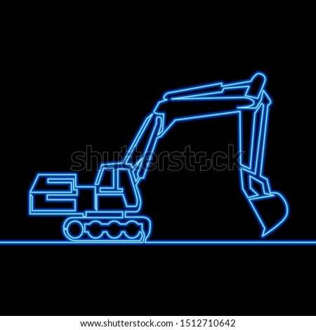 Continuous one single line drawing Backhoe Excavator icon neon glow vector illustration concept