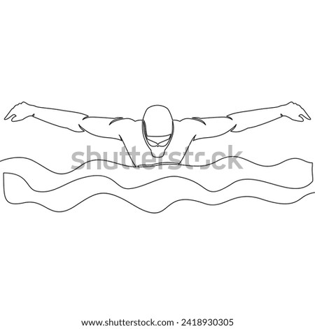 Continuous one single line drawing professional swimmer man focus training in gym swimming pool center. Healthy lifestyle icon vector illustration concept