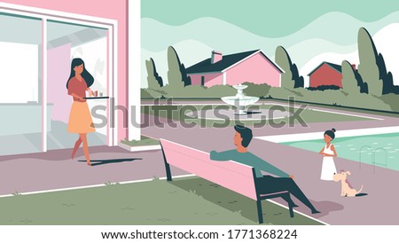 a happy family, they stay at their home, in the yard there is a pool and a fountain, the man is sitting on the chair, his wife brings him something to drink,vector.