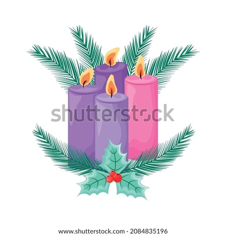 Image, Stock Photo advent wreath with burning red candles standing on wooden table in living room with candle arch in window