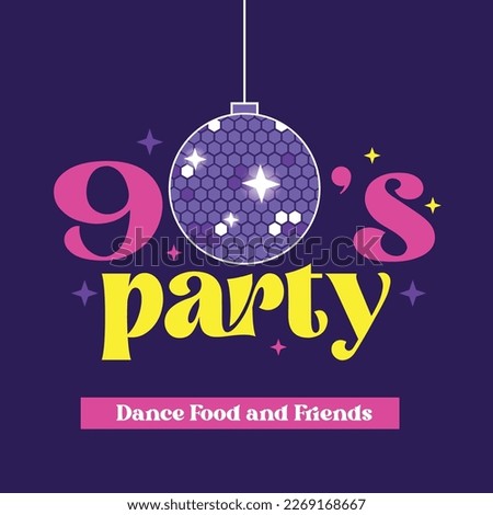 90's party poster with disco mirror ball . vector illustration