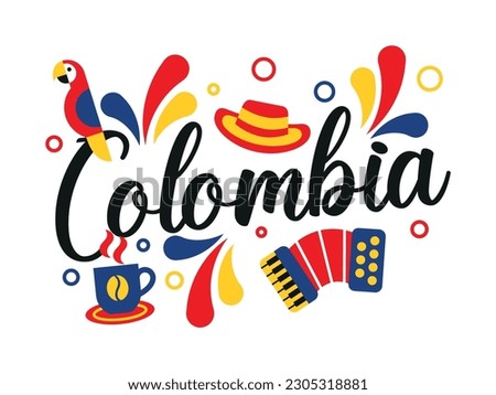 illustration of colombia with coffee cup and macaw accordion and hat .vector illustration