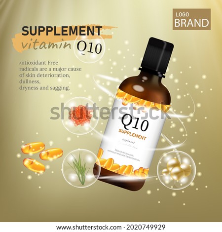 Nutritional supplement and vitamin supplements as a capsule with color golden background medicine health treatment with 3D light Effect illustration elements.
