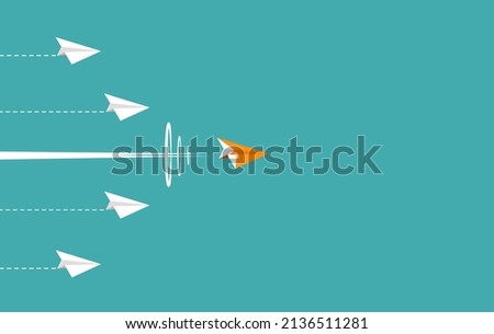 Orange paper plane leader fly supersonic speed on the blue sky. Vector illustration flat design for poster, banner, presentation, and background.