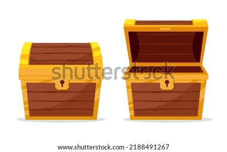 Open and close the mystery wooden chest. Treasure on white background. Random a secret loot box concept. Vector illustration cartoon flat design.