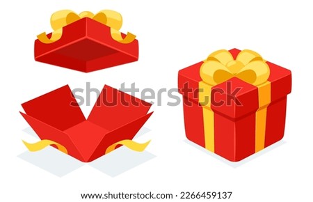 Open and Close Red mystery gift box with a yellow ribbon on white background. Random secret loot box isometric concept. Vector illustration cartoon flat design.