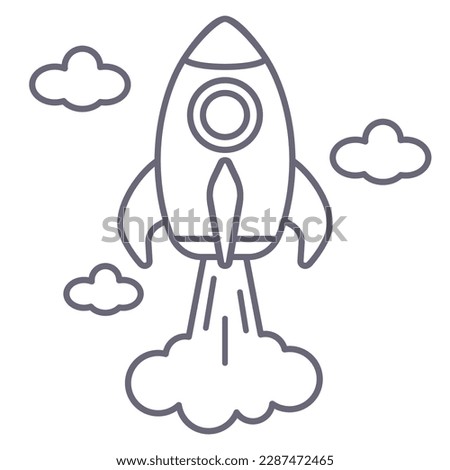 Outline Rocket icon launch flying in the clouds sky isolated on white background. Toy spaceship simple cartoon design. Startup Business concept. Vector illustration.