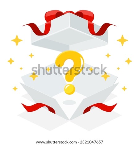 Open mystery gift box with red ribbon on white background. Random secret loot box isometric concept. Vector illustration cartoon flat design.