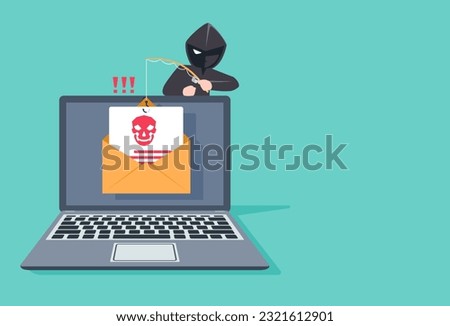 Phishing by email. hacker attacks a Laptop with a fake message. fraud scam and steal private data on devices. vector illustration flat design for cyber security awareness concept.