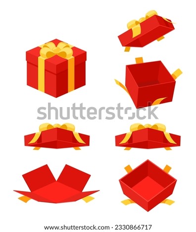 Open and Close Red mystery gift box with a yellow ribbon on white background. Random secret loot box isometric concept. Vector illustration cartoon flat design.