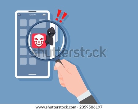 Fraud scam virus and steal private data on mobile devices by unknown fake app from hacker. Vector illustration flat design for cyber security awareness concept.