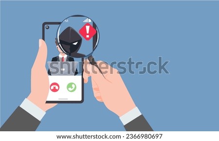 Hand businessman Holding smartphone and check call from unknown or stranger number. Scam, Prank, Fraud, and phishing on a mobile phone. Vector illustration flat design.