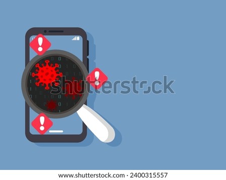 Check Virus alert warning hacker to steal private data, and fraud scam on mobile devices by unknown fake app or email. Vector illustration flat design for cyber security awareness concept.