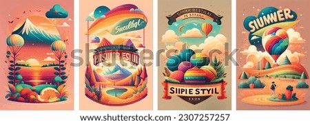 colorfull retro Summer landscape set . Tourist tent on the background of the lake and the sunset. Around nature, grass and trees. Night out in the fresh air. poster for music or summer festival