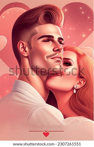  realistic illustration of kissing couple. Magazine or book cover design. Romantic concept, couple in love. Portraits of two lovers, a man and a woman, face to face. love