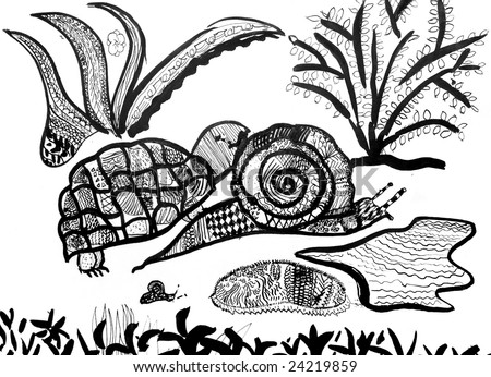old hand drawing of an turtle and snail covered with patterns  made in ink
