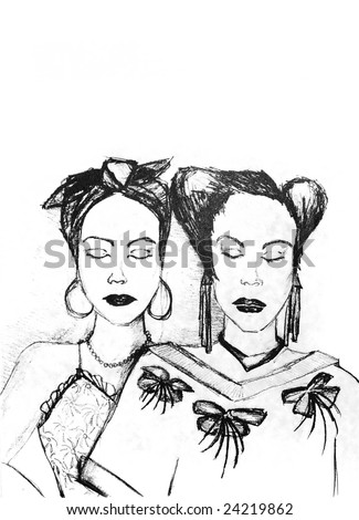 old black and white hand drawing of two woman with eyes closed