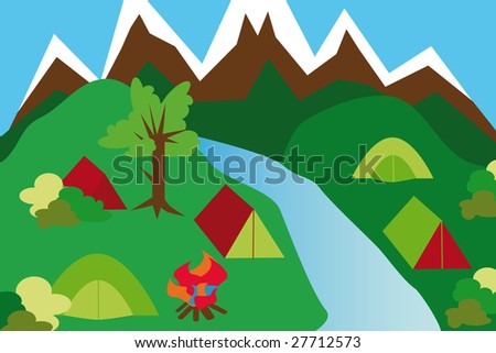 camping site in a mountain landscape with tents and river and campfire