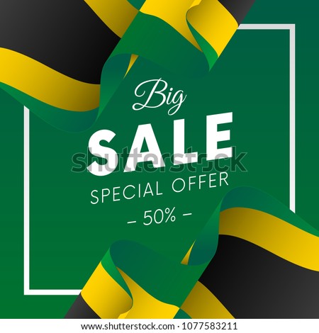 Big sale banner or sticker. Special offer. Fifty percent off. Jamaica flag. Vector illustration.