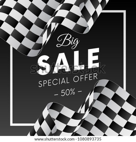 Big sale banner or sticker. Special offer. Fifty percent off. Checkered flag. Vector illustration.